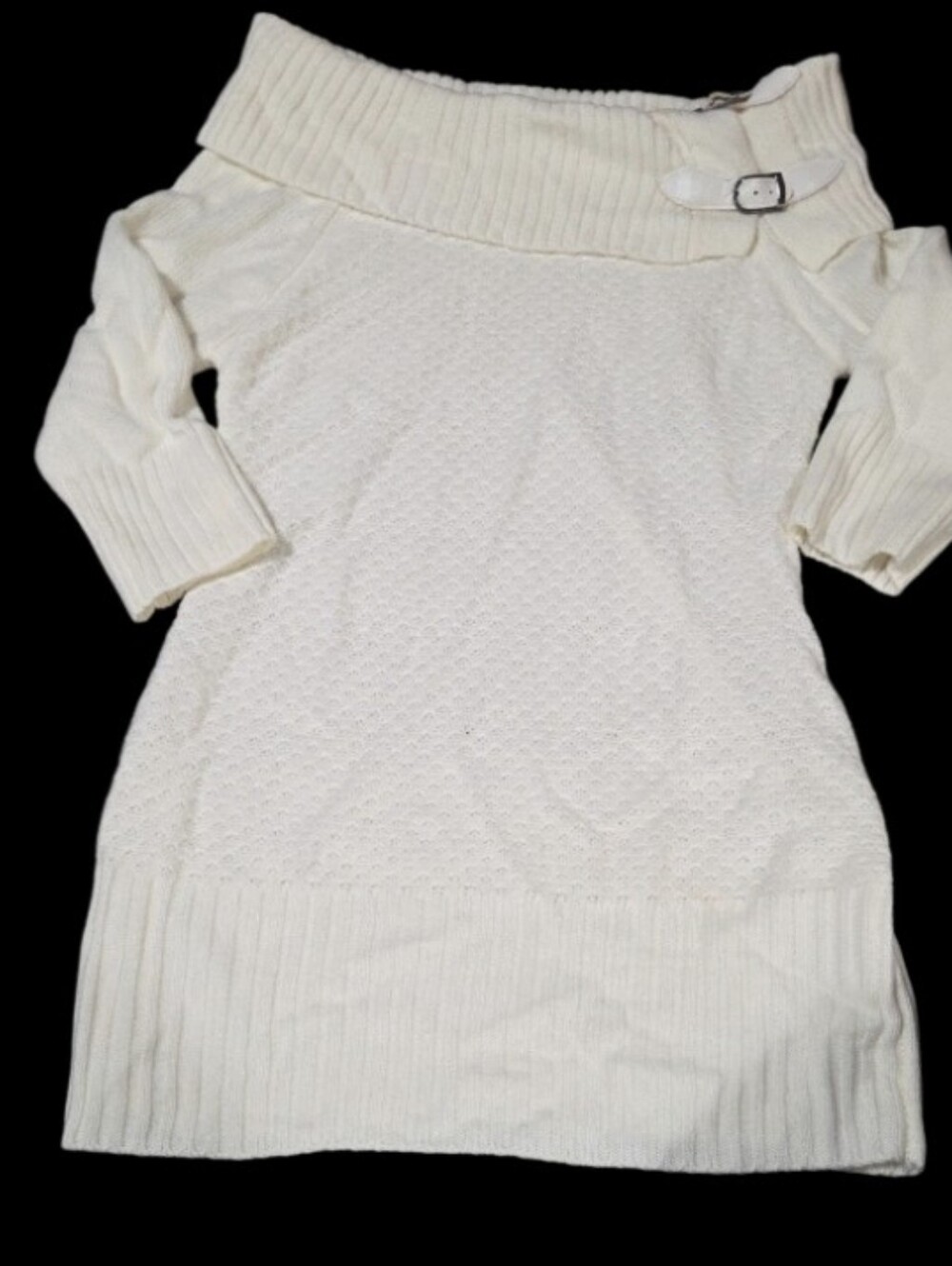 Vtg Candies Off-Shoulder Cream Knit Sweater Dress with Buckle Detail Lg Jrs
